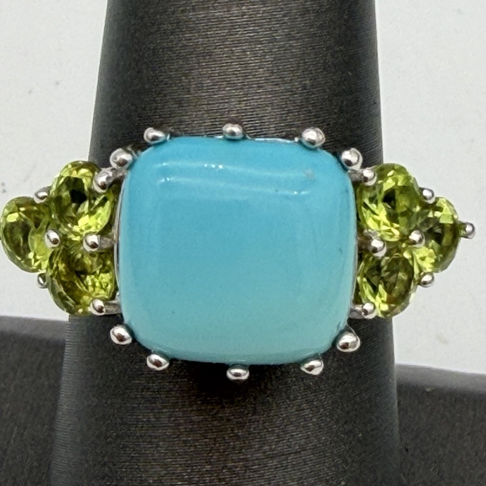 Vtg Sterling Silver Sleeping Beauty Turquoise Ring Peridot Felicia Designs QVC 7